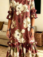 Retro Floral Pattern Art Print Casual Ruffle Stylish Cotton Linen Dress