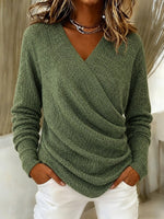 Women Surplice Wrap V‑Neck Draped Long Sleeve Knit Sweater
