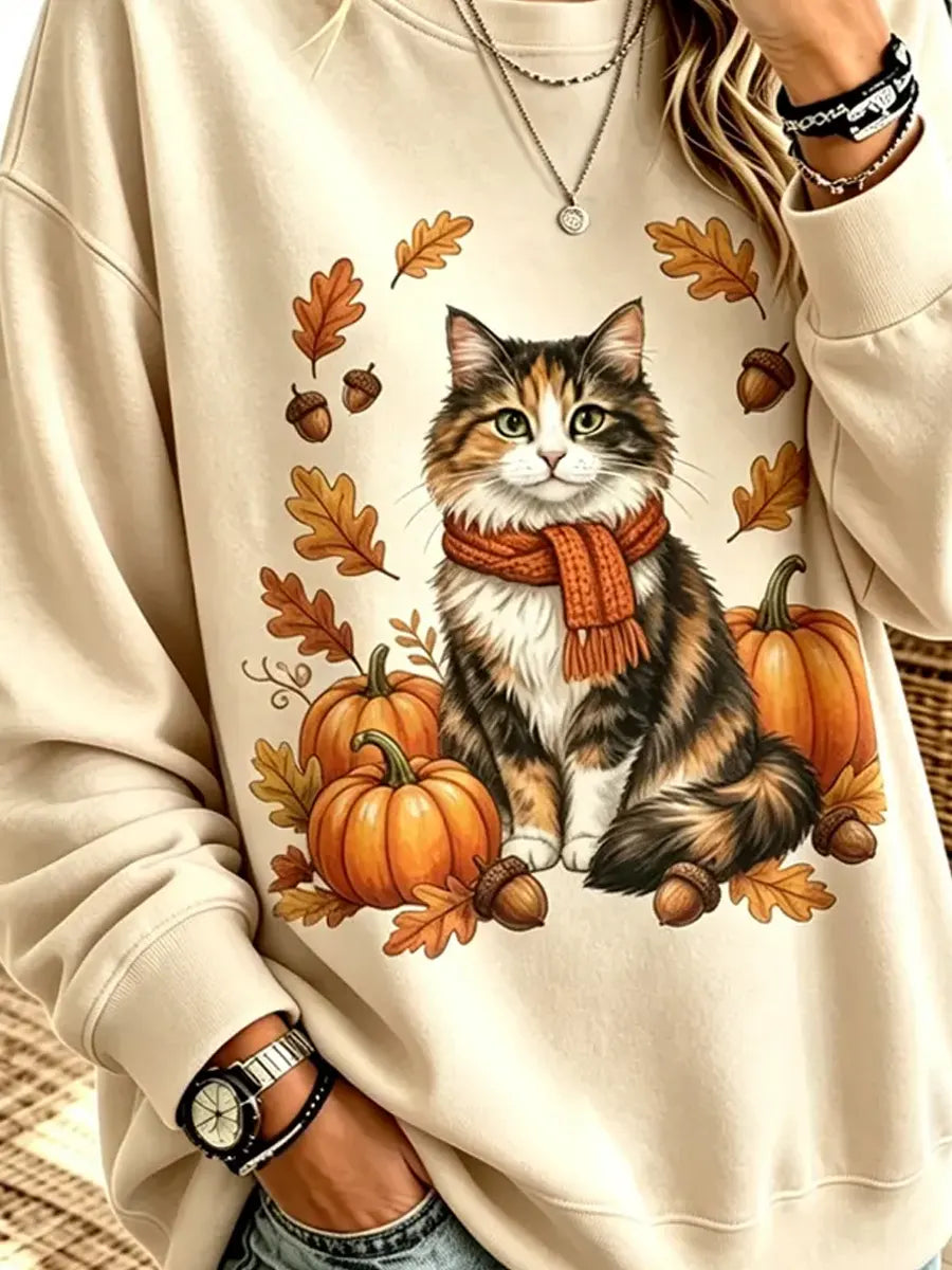 Funny Cat Pumpkin Pattern Art Print Casual Long Sleeve Sweatshirt