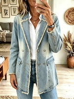Women's Frayed Edge Double-Breasted Long Denim Blazer