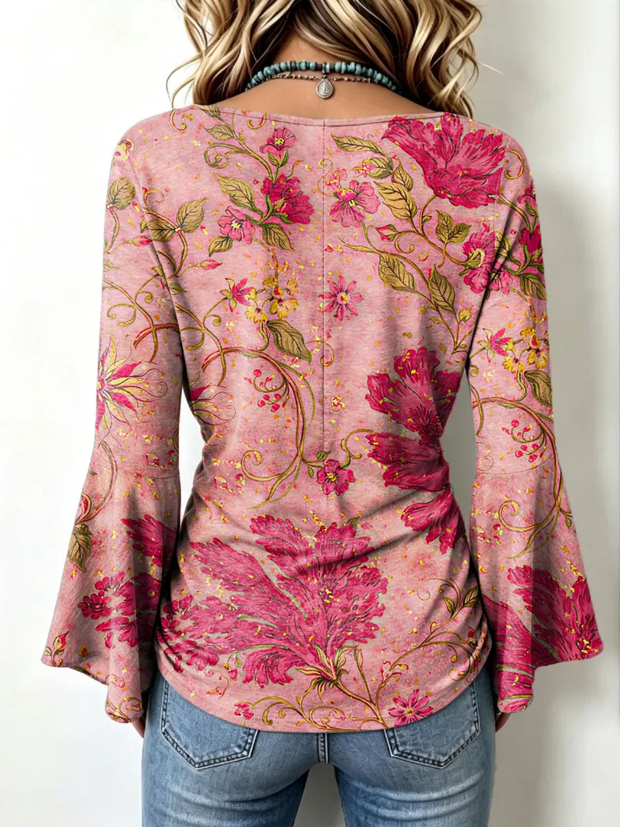 Retro Floral Pattern Art Print Casual Stylish Cotton V Collar Shirt