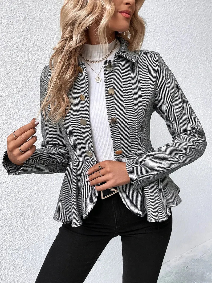 Retro Ruffle Art Stripe Pattern Casual Stylish Long Sleeve Lapel Coat