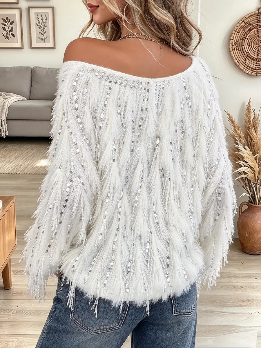 Women's Off Shoulder Fringe Long Sleeve Top