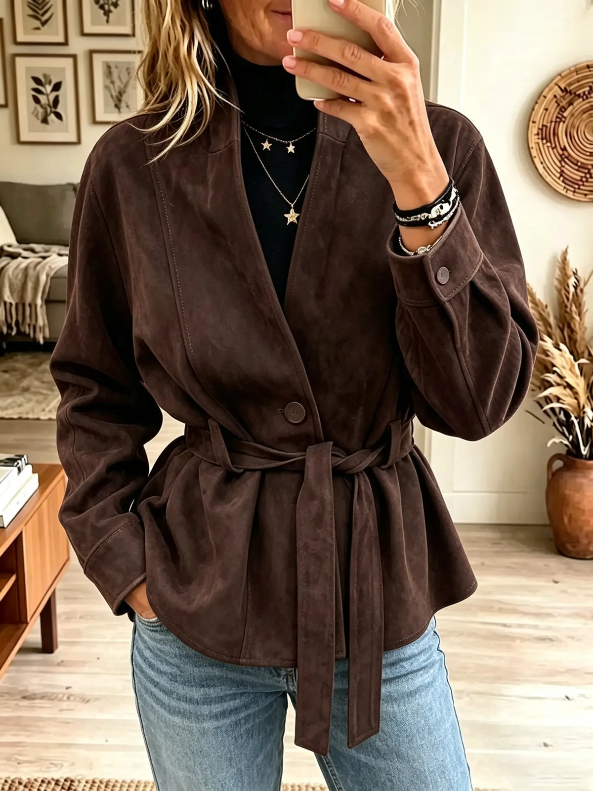 Women's Tie-Belt Button-Front Faux Suede Cardigan Jacket