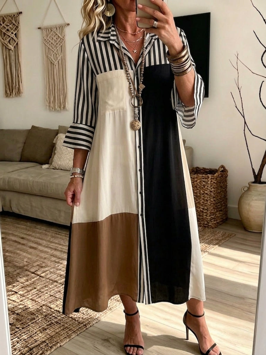 Color Block Stripe Patchwork Collared Button‑Down Midi Shirt Dress