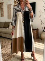 Color Block Stripe Patchwork Collared Button‑Down Midi Shirt Dress