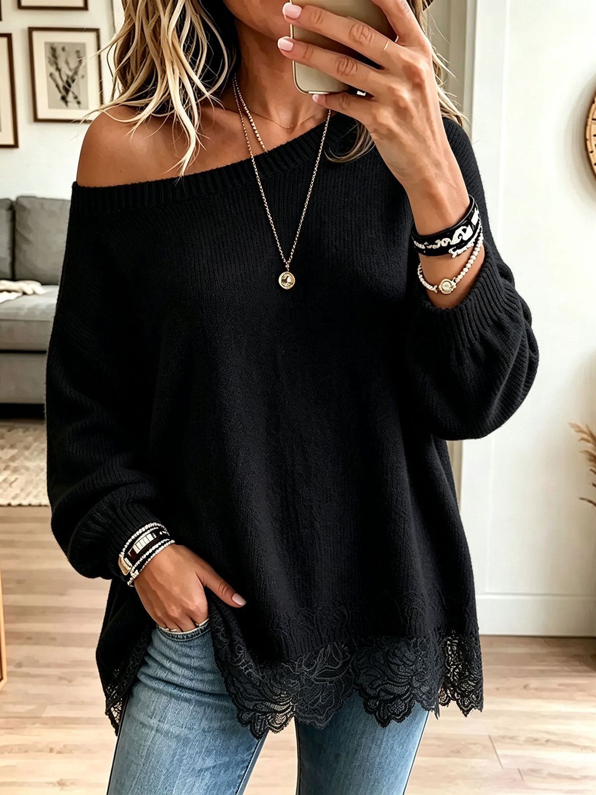 Women Off‑Shoulder Lace Hem Loose Knit Sweate