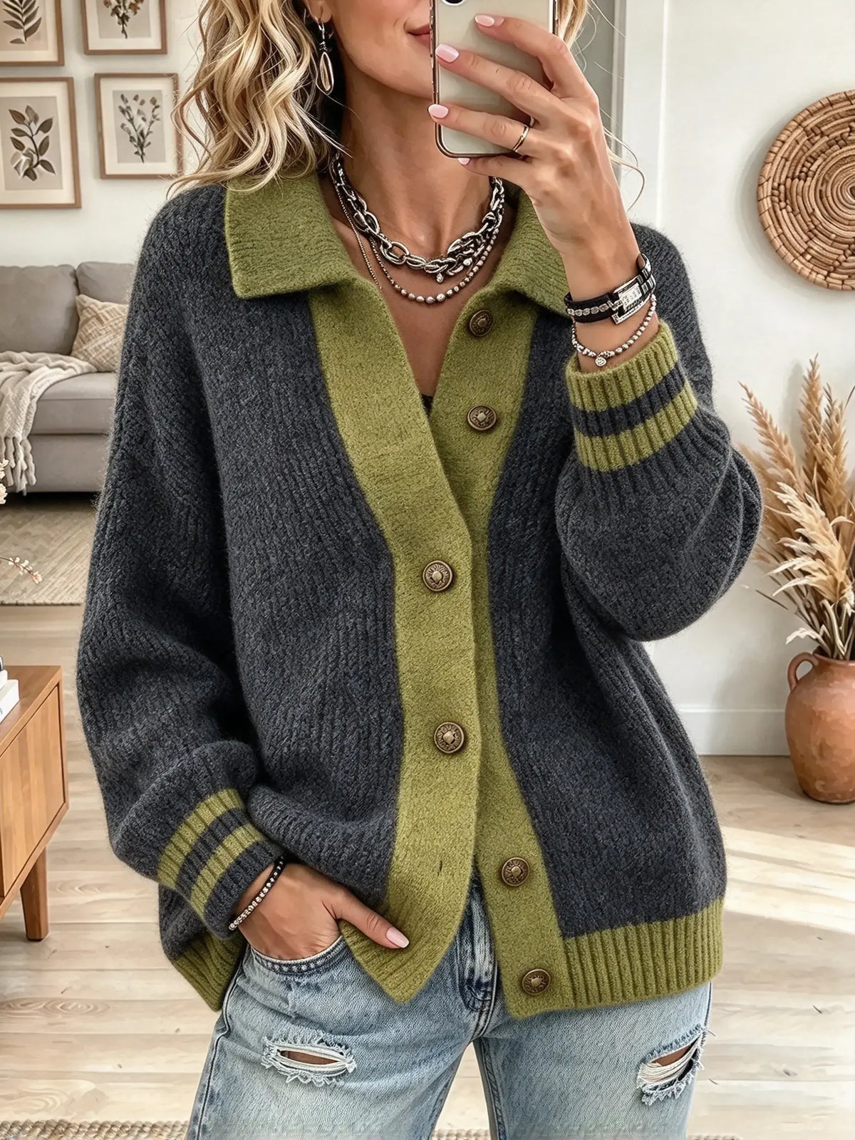 Women's Colorblock Polo Collar Button Knit Cardigan