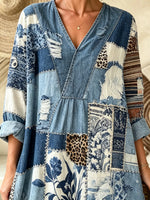 Women Vintage Patchwork Leopard Floral V-Neck 3/4 Sleeve Maxi Dress