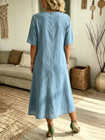 Women's Crochet Cutout Yoke Denim Midi Dress