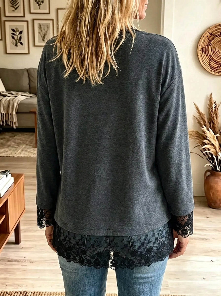 Women's Eyelash Lace Trim V-Neck Pullover Top