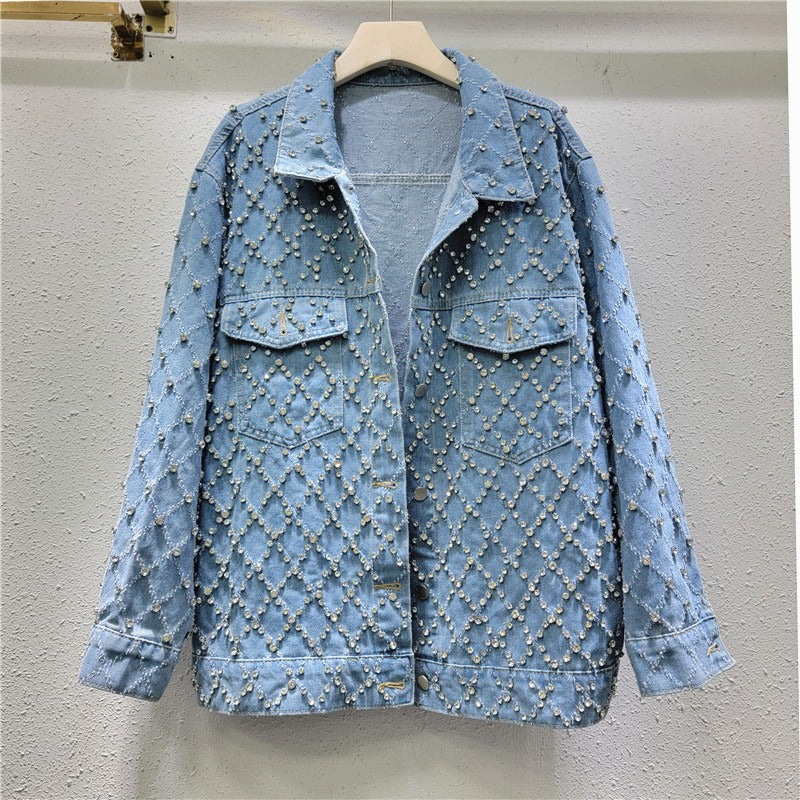 Women's Diamond Pearl Studded Denim Jacket