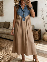 Women Sleeveless Denim Splice Midi Dress Collar Partial Button Pleated Loose Casual Long Dress
