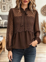 Vintage Elegant Chiffon And Lace Patchwork Sheer Polka Dot Shirt