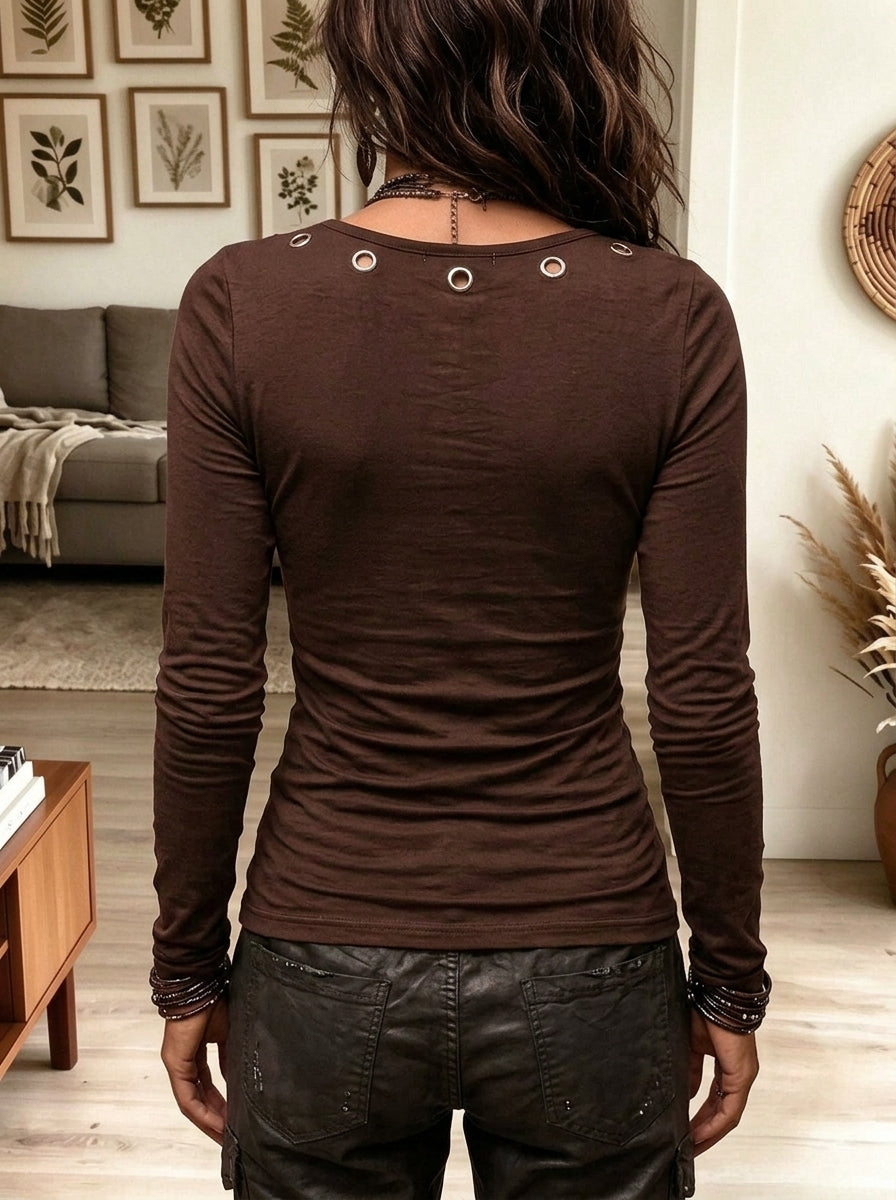 U Neck Eyelet Detail Ruched Long Sleeve Fitted Top