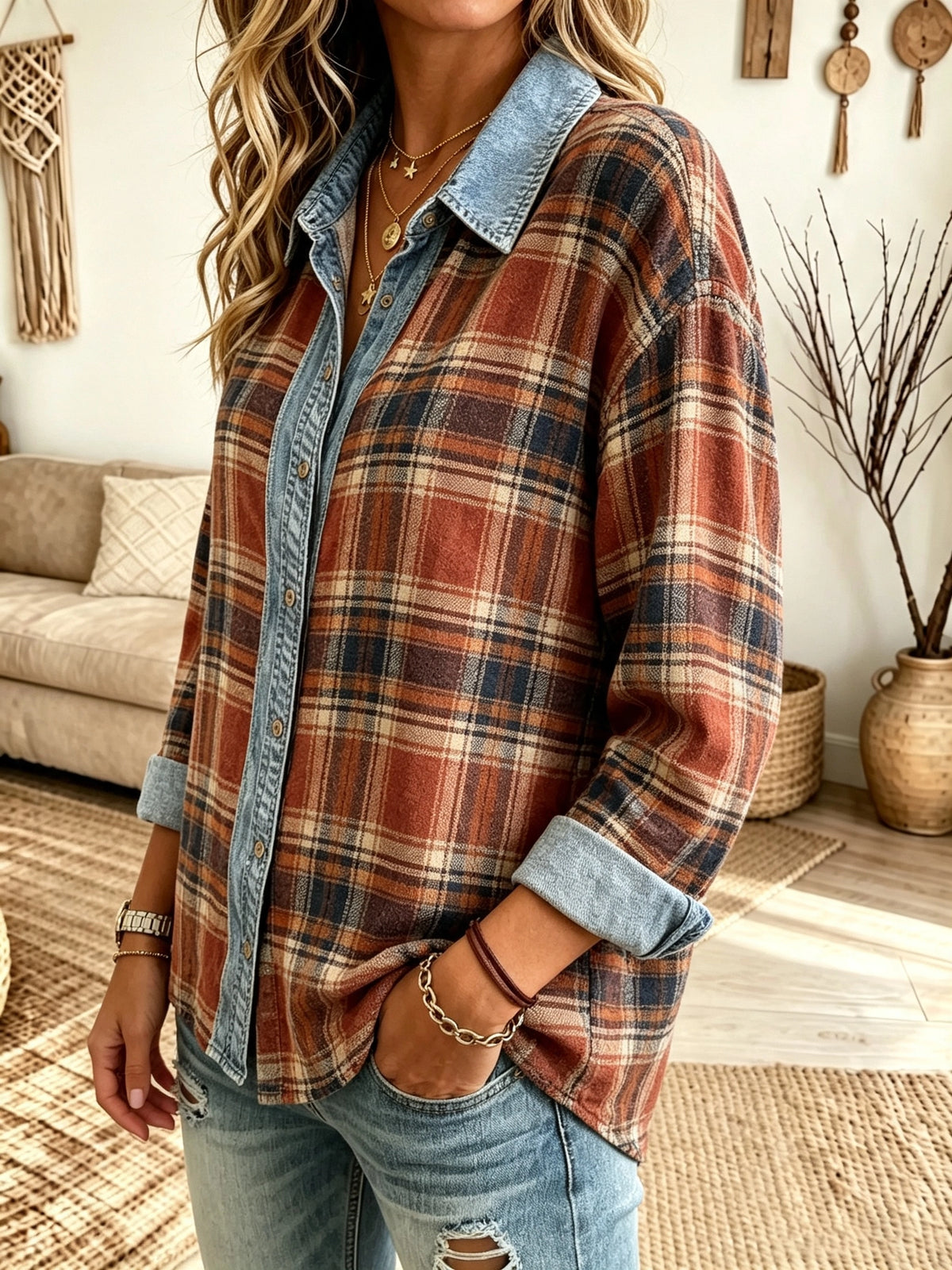 Women's Plaid Denim-Patch Button-Down Shirt