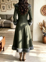 Women's Faux Fur Trim Double-Breasted Woolen Maxi Coat