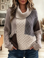 Women's Multicolor Patchwork Cable Knit Turtleneck Sweater with Fringe Trim
