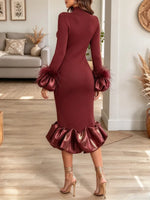 Vintage Chic Turtleneck Ruffle Hem Art Casual Stylish Long Sleeve Midi Dress