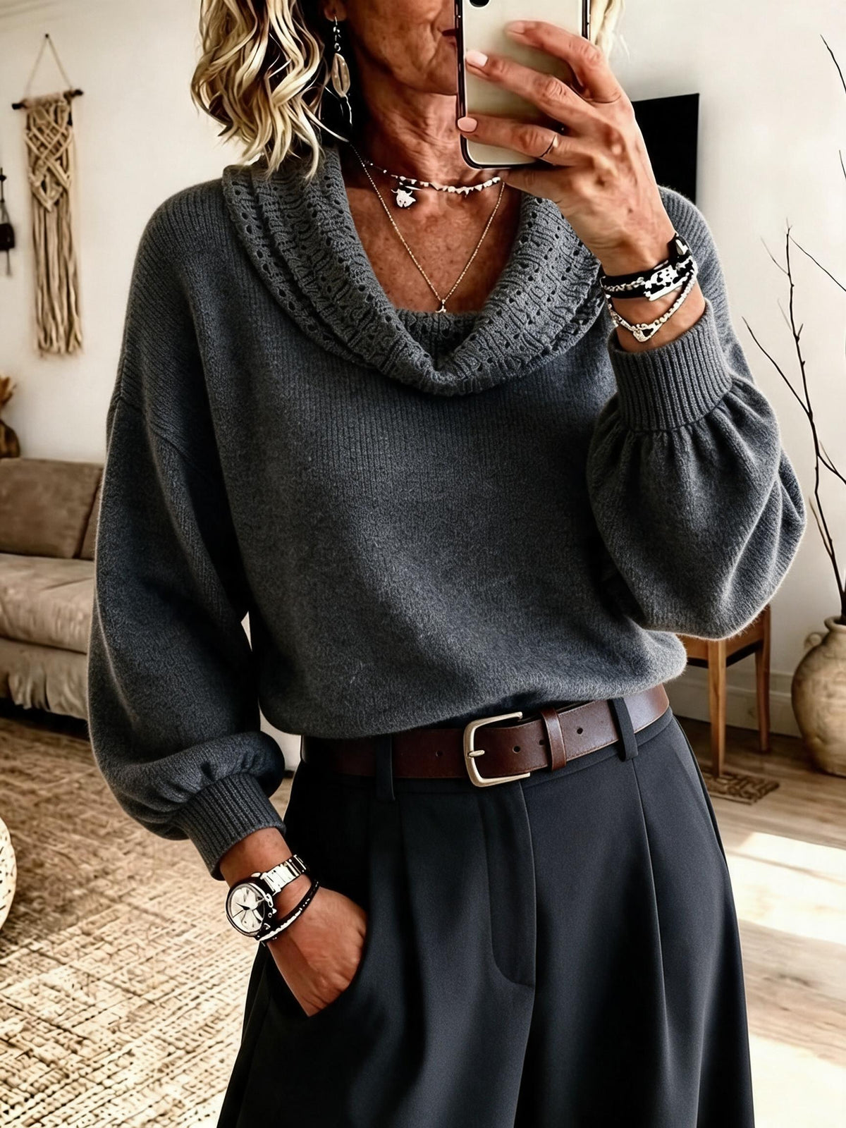 Women's Cozy Cowl Neck Balloon Sleeve Knit Sweater