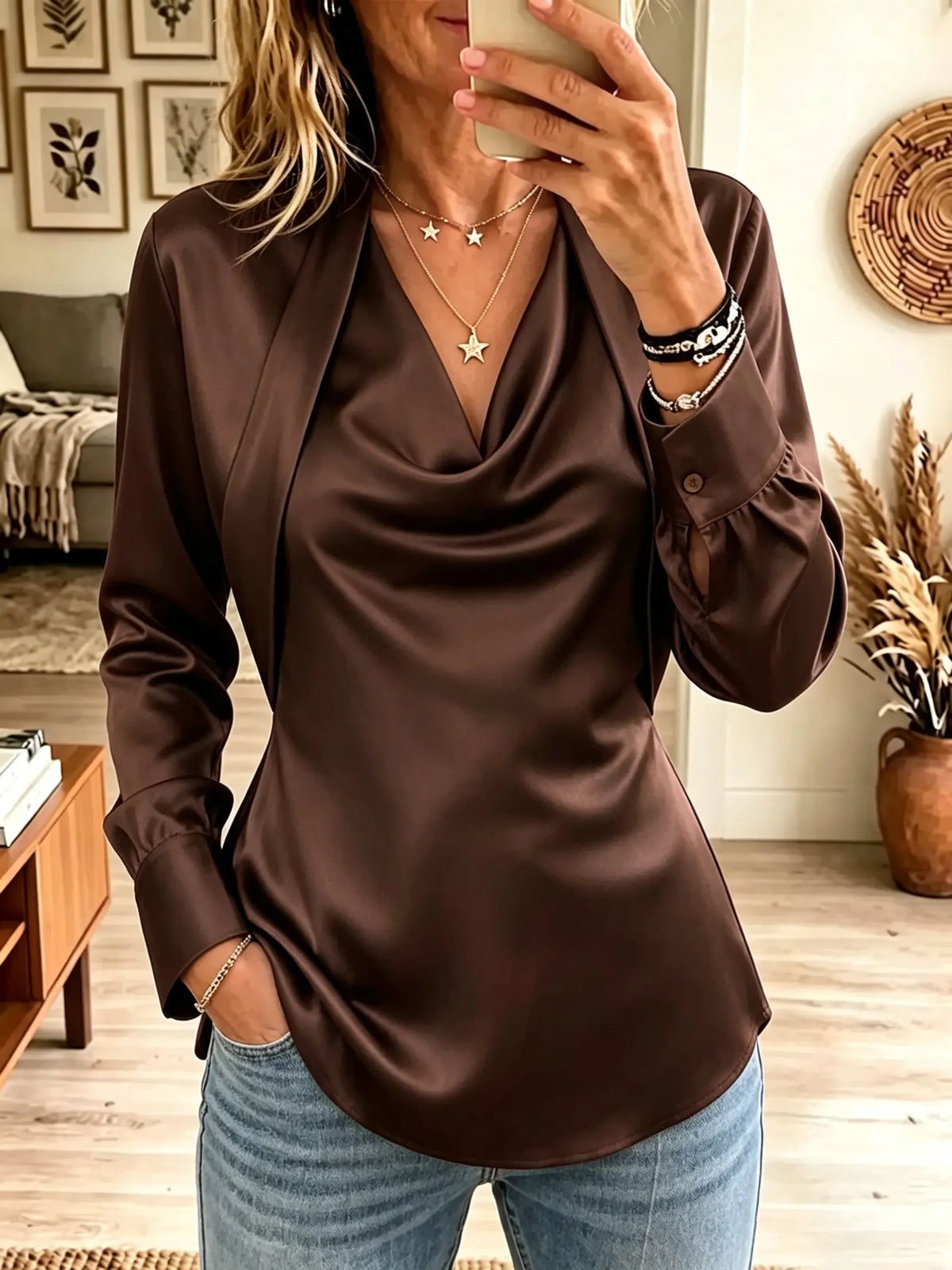 Women's Draped Cowl Neck Long-Sleeve Satin Blouse