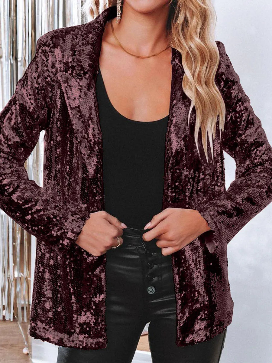 Retro Shiny Sequins Loose Casual Stylish Long Sleeve Coat