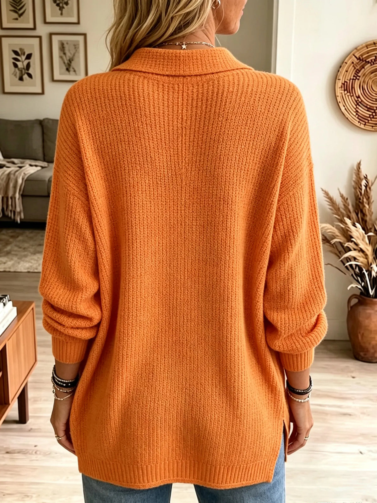 Women's Lapel Collar Henley Knit Sweater