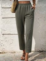 Women's Elastic Waist Floral Eyelet Cutout Cropped Casual Pants