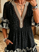 Women's Black Leopard Fern Plaid Patchwork Print V-Neck Ruffle Midi Dress