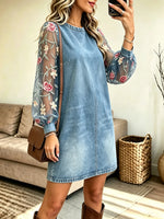Women's Sheer Floral Embroidered Sleeve Denim Dress