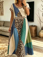 Women's Leopard Geometric Color Block Patchwork Hollow Short Sleeve Midi Dress