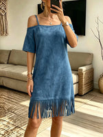 Vintage Elegant Suede Patchwork Tassels Dress