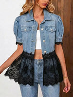 Retro Floral Lace Patchwork Casual Stylish Short Sleeve Denim Lapel Coat