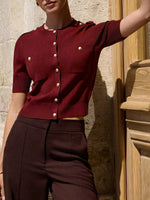 Elegant Button Pockets Short Sleeve Casual Knitted Cardigan Sweater