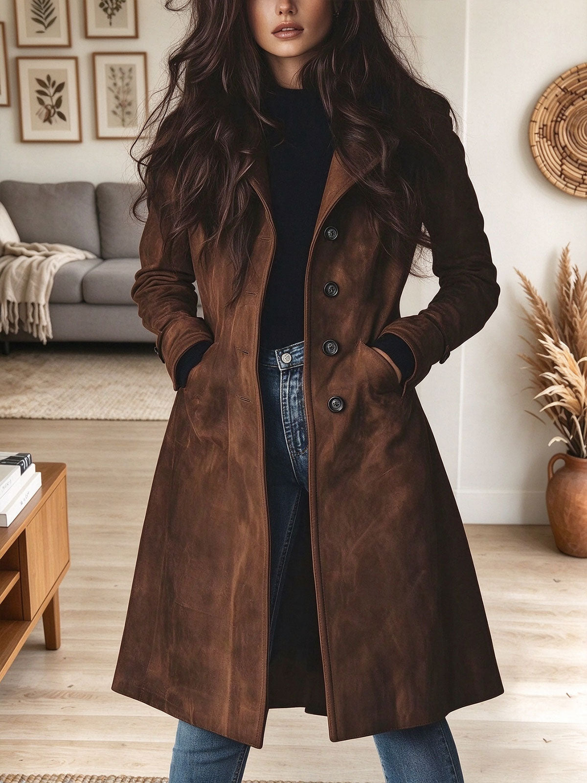 Women's Classic Brown Suede Long Trench Coat With Lapel Collar