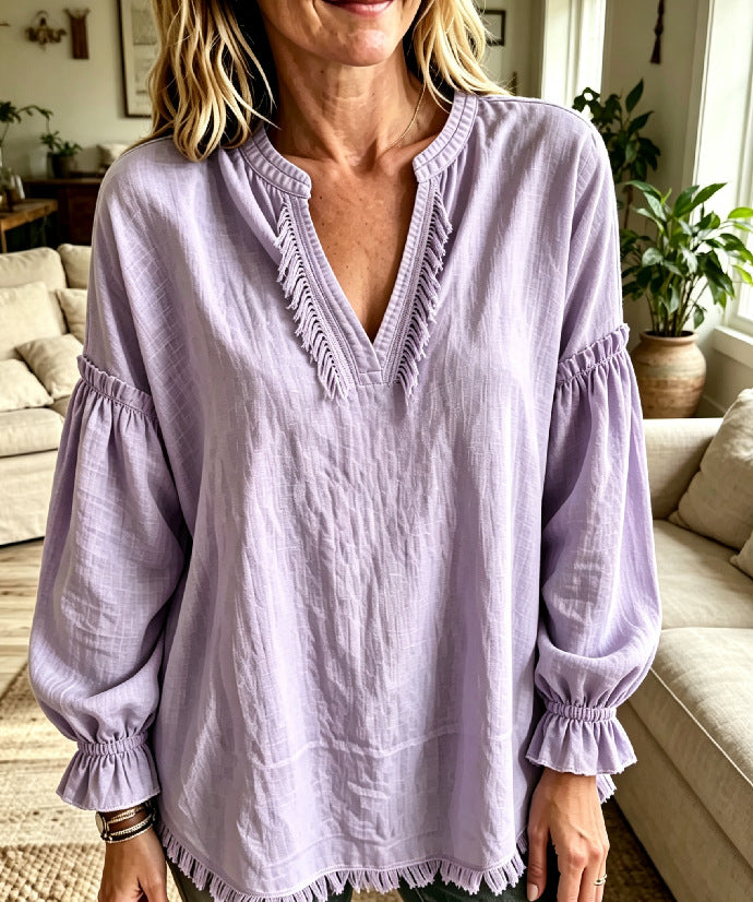 Women Boho Fringe V‑Neck Puff Long Sleeve Blouse Top