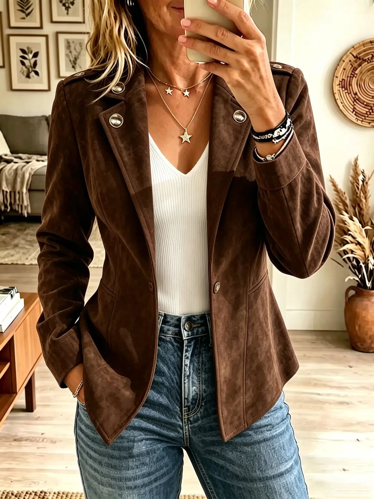 Women's Epaulet Button Accent Faux Suede Blazer