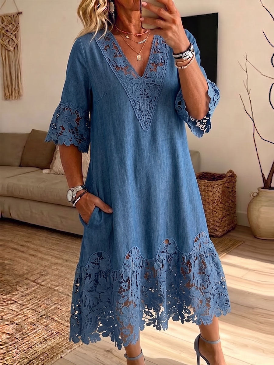 Vintage Elegant Denim Patchwork Hollowed Out Lace Dress
