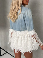 Vintage Elegant Denim Patchwork Hollowed Out Lace Jacket