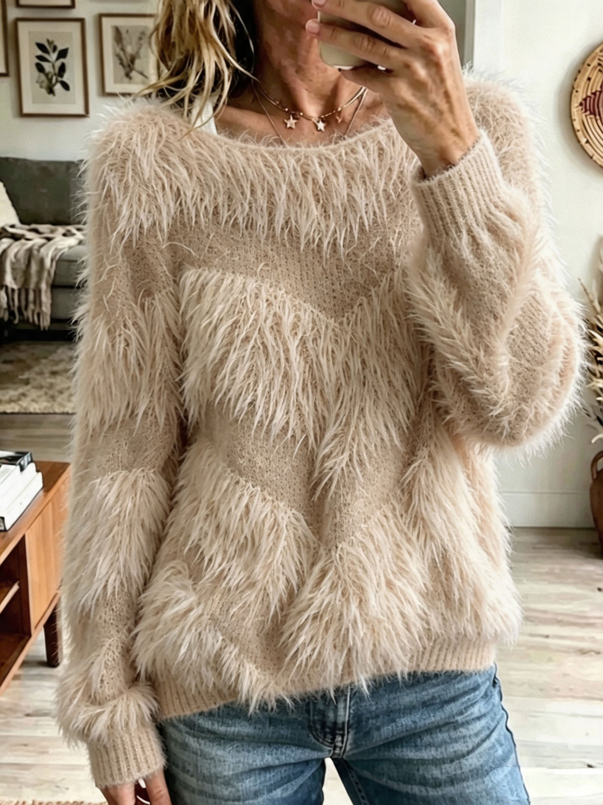 Fuzzy Chevron Textured Sweater, Loose Long Sleeve Boat Neck Pullover