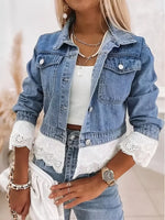 Retro Fashion Floral Lace Art Patchwork Lapel Casual Stylish Denim Coat
