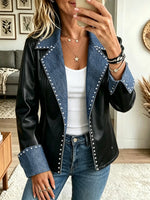 Women's Studded Denim Lapel Leather Jacket