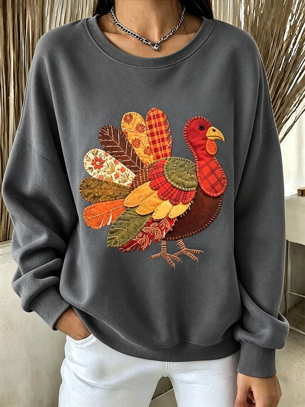 Women Patchwork Turkey Applique Crewneck Thanksgiving Sweatshirt