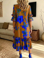 Retro Floral Pattern Art Print Casual Ruffle Stylish Cotton Linen Dress