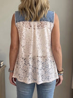 Women Denim Lace Spliced Sleeveless Vest Lapel Button Down Irregular Hem Gilet With Pockets