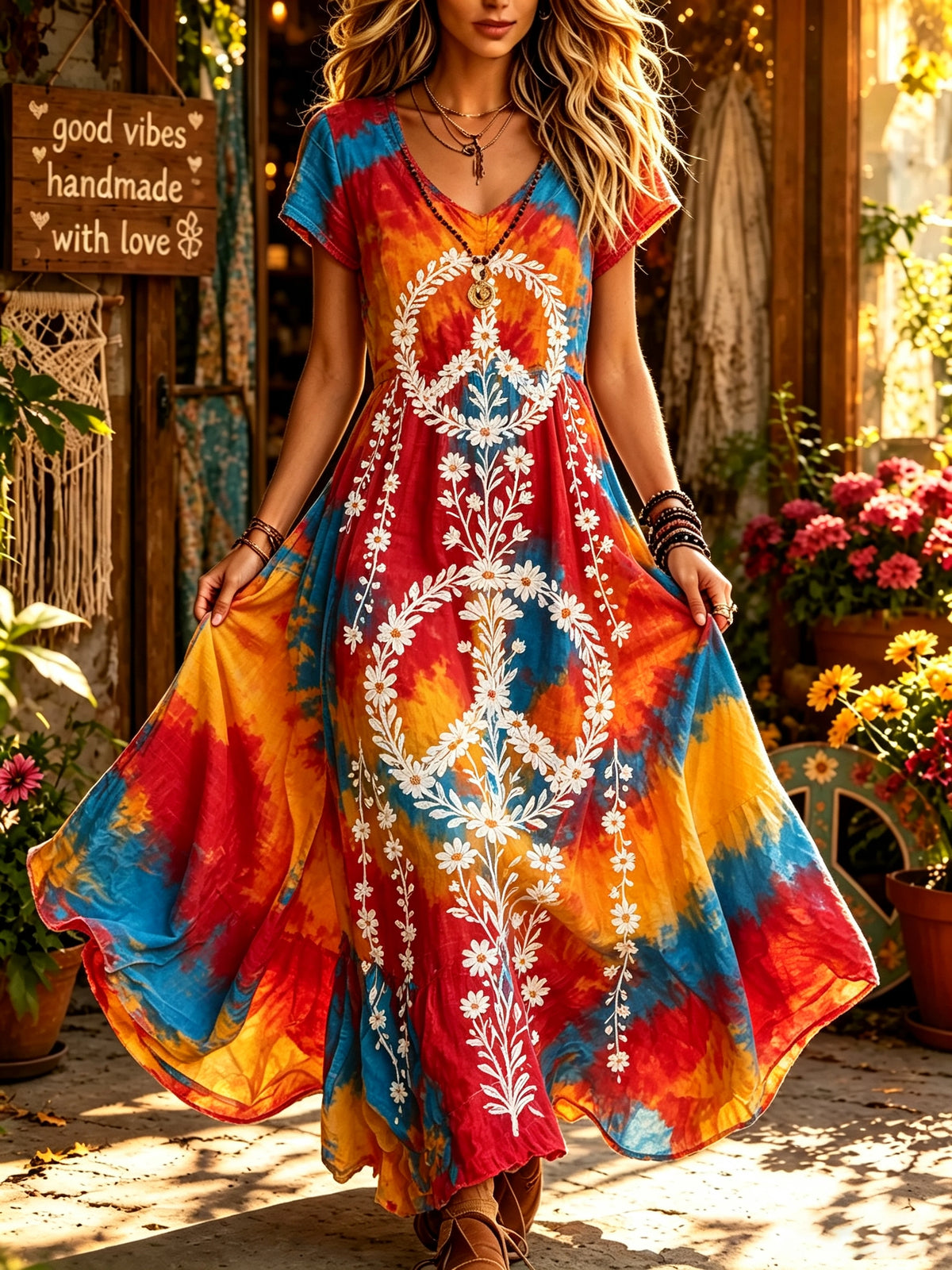 Women's Tie-Dye Daisy Peace Print Maxi Dress