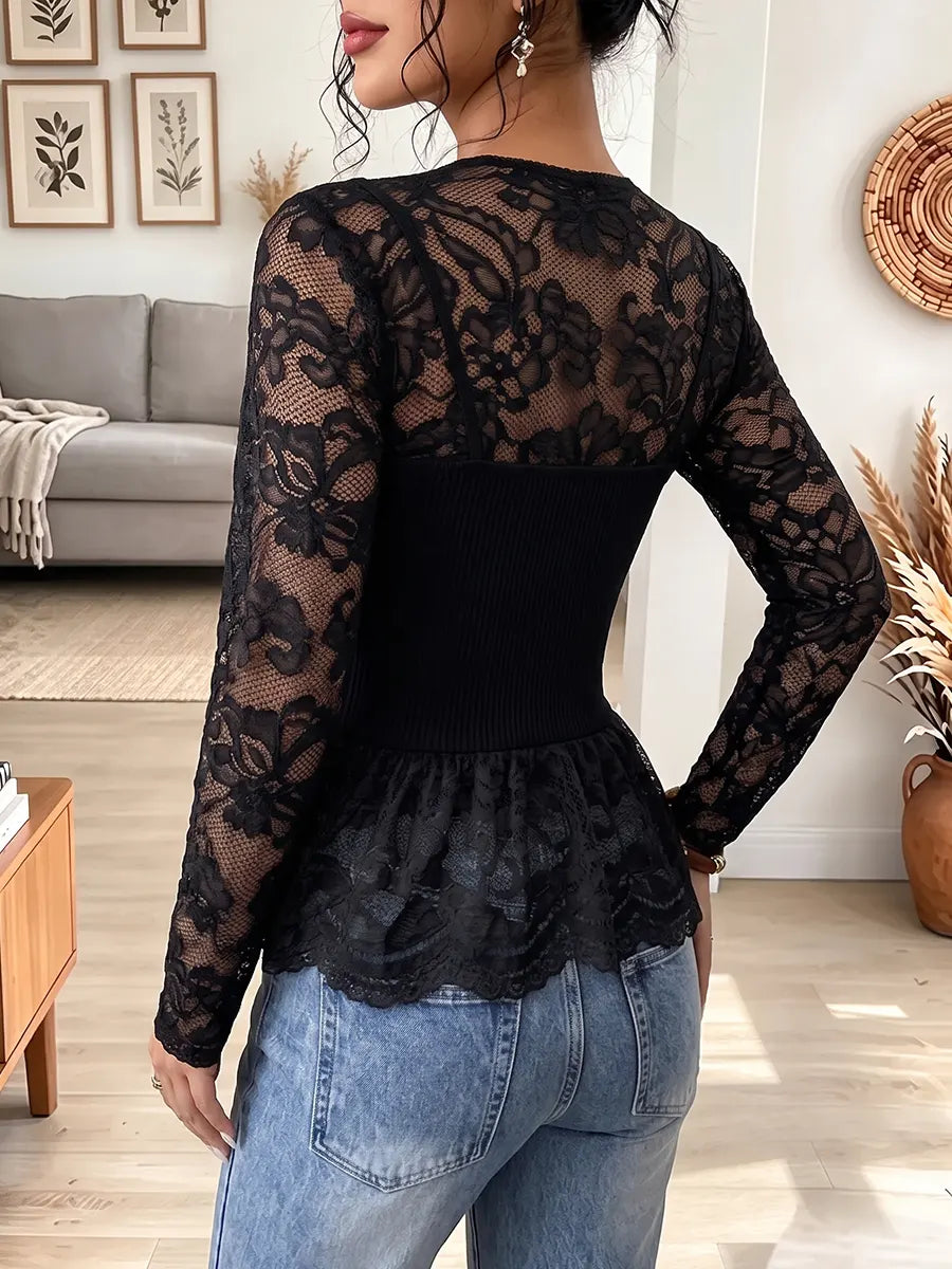 Vintage Elegant Patchwork Sheer Lace Shirt