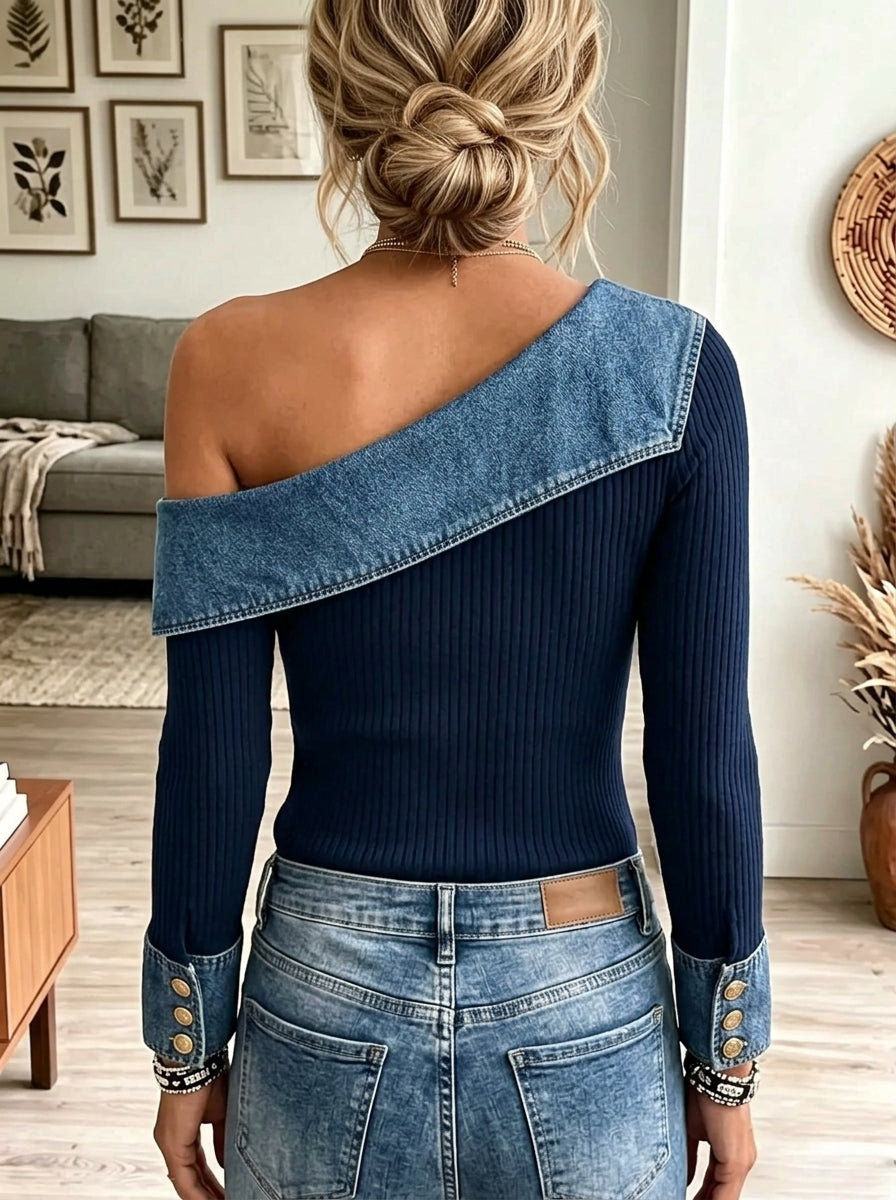 Women's Denim Patchwork One-Shoulder Ribbed Top
