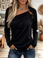 Women's Black Asymmetric Cowl Neck Long Sleeve Top with Ring Cutout Detail