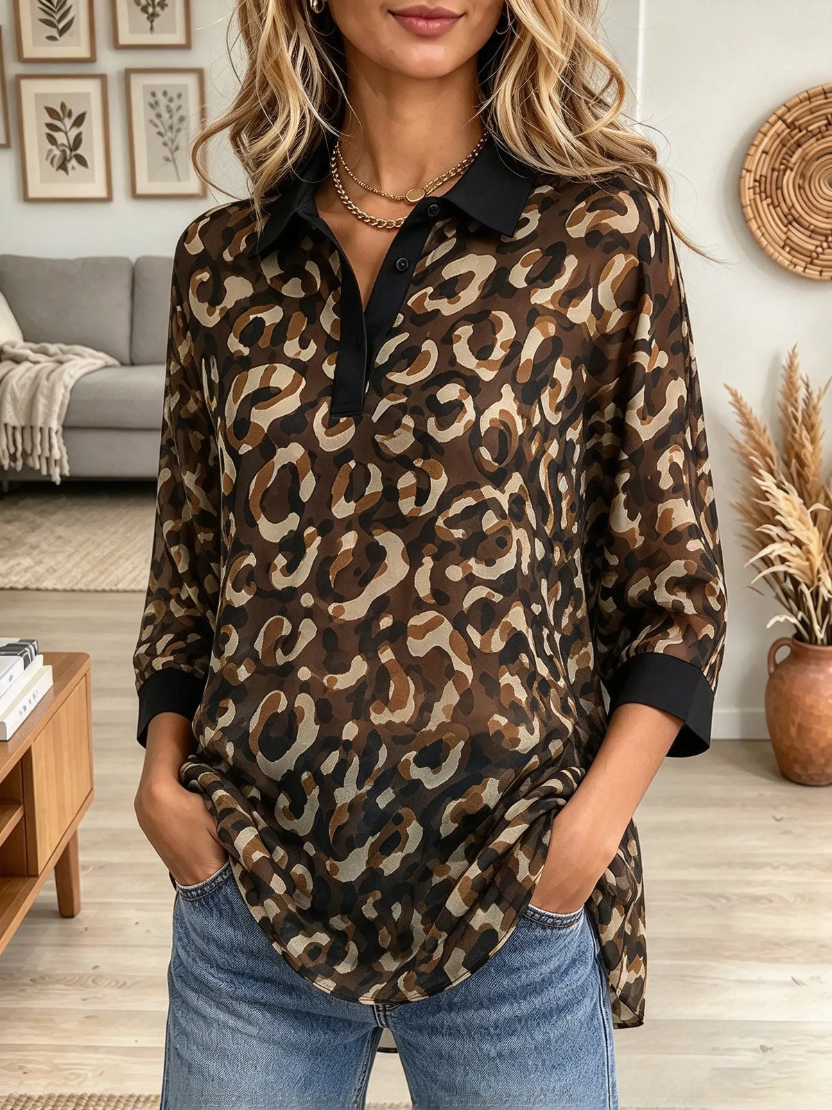 Women's Leopard Print Contrast Collar Chiffon Tunic